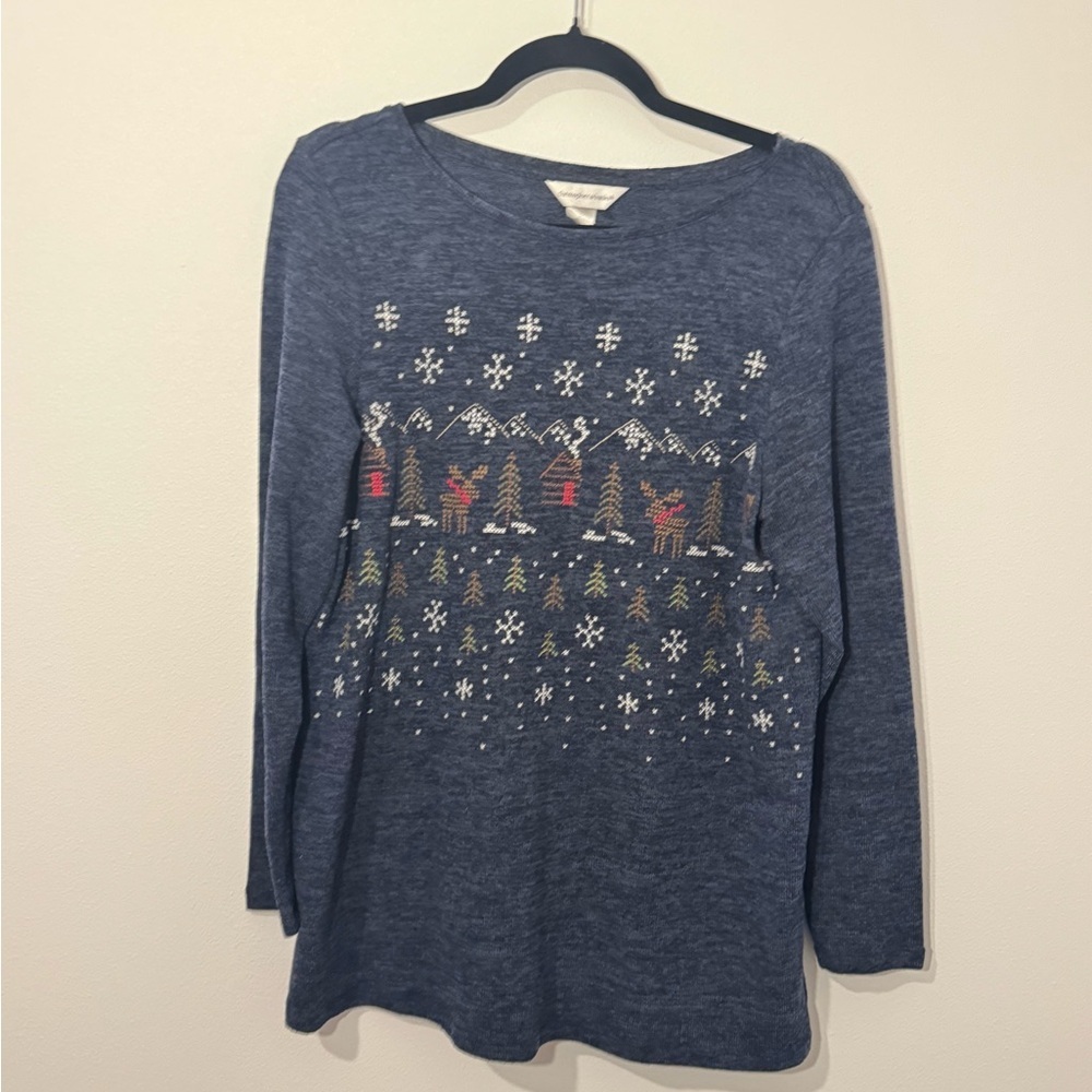 Christopher & Banks Navy Winter Scene Long Sleeve Knit Top – Size L - Holiday